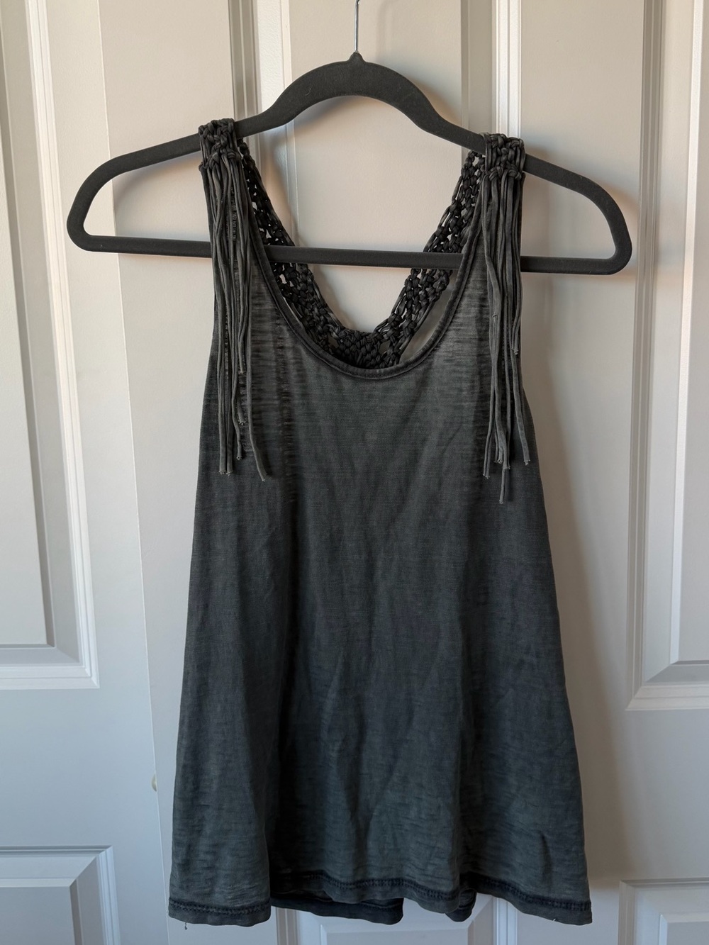 Made in Italy Charcoal Cotton Macrame Fringe Tank Top Boho